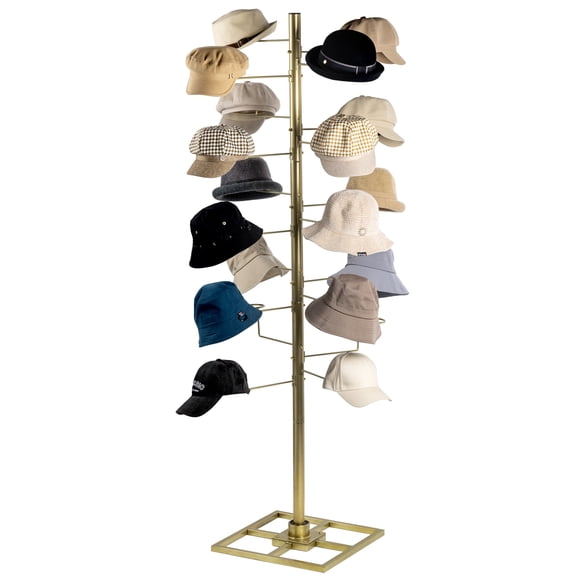 MyGift 6 Foot Rotating Hat Display Stand with 20 Hooks Brass Tone Metal Freestanding Organizer Rack for Cowboy Hats Wigs Caps Retail Display Home Closet Storage Solution
