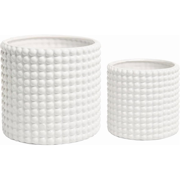 MyGift 6 Inch Ceramic Round Planter Pot, Set of 2 Vintage-Style White Ceramic Flower Pots, Indoor Hobnail Textured Cylindrical Succulent Plant Containers