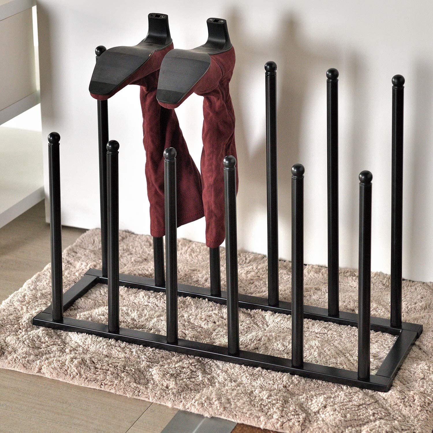 MyGift Modern Black Metal Boot Rack for Tall Boots Storage, Free Standing Entryway Shoe Rack Walk-In-Closet Boot Organizer with 12 Long Posts, Holds 6 Pair
