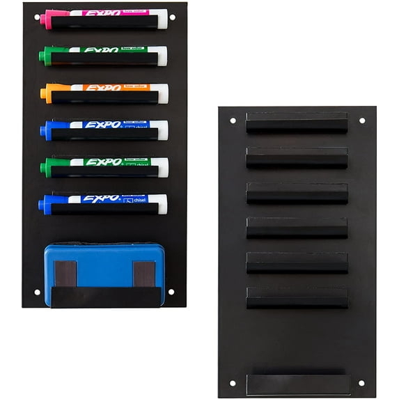 MyGift 7 Slots Wall Mounted Black Metal Dry Erase Marker Holder, Set of 2