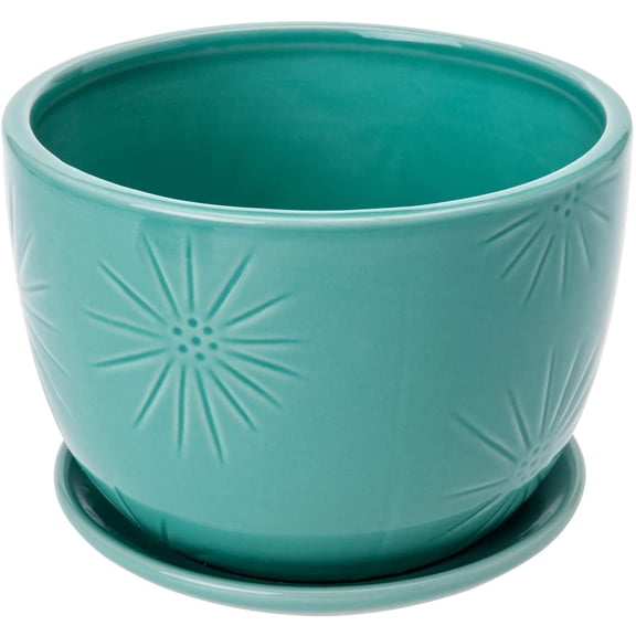 MyGift 7 inch Aqua Blue Round Ceramic Flower Pot with Attached Saucer