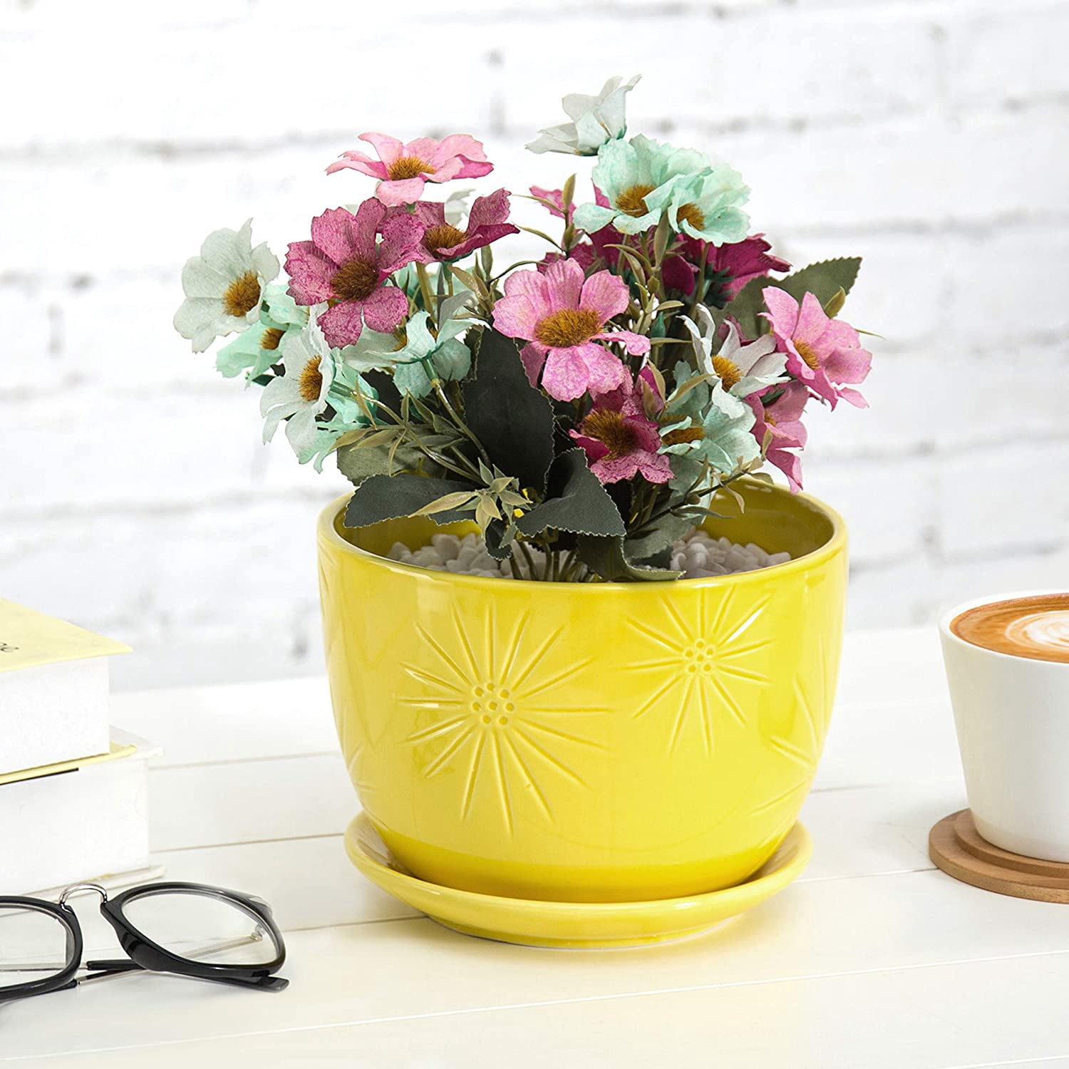 MyGift 7 Inch Yellow Sunburst Ceramic Flower Pot with Saucer, Drain ...