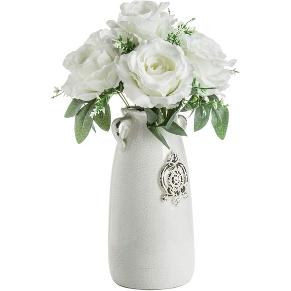 MyGift Antique White Ceramic Vase with Handle