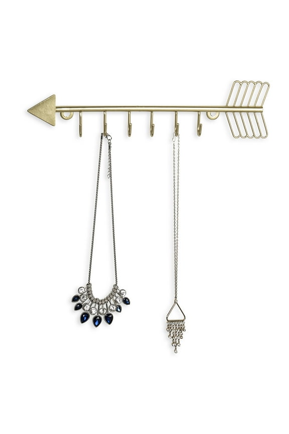 Arrow Design Wall Mounted Brass-Tone Metal 6 Hook Necklace Organizer Hanging Rack