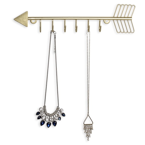 MyGift 12 Inch Wall Mounted Brass Tone Metal Arrow Shaped Jewelry Organizer, Hanging Accessories Storage Display Rack with 6 Hooks for Necklaces Bracelets Keys