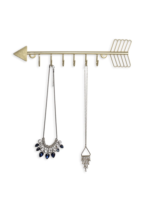 12 Inch Wall Mounted Brass Tone Metal Arrow Shaped Jewelry Organizer, Hanging Accessories Storage Display Rack with 6 Hooks for Necklaces Bracelets Keys