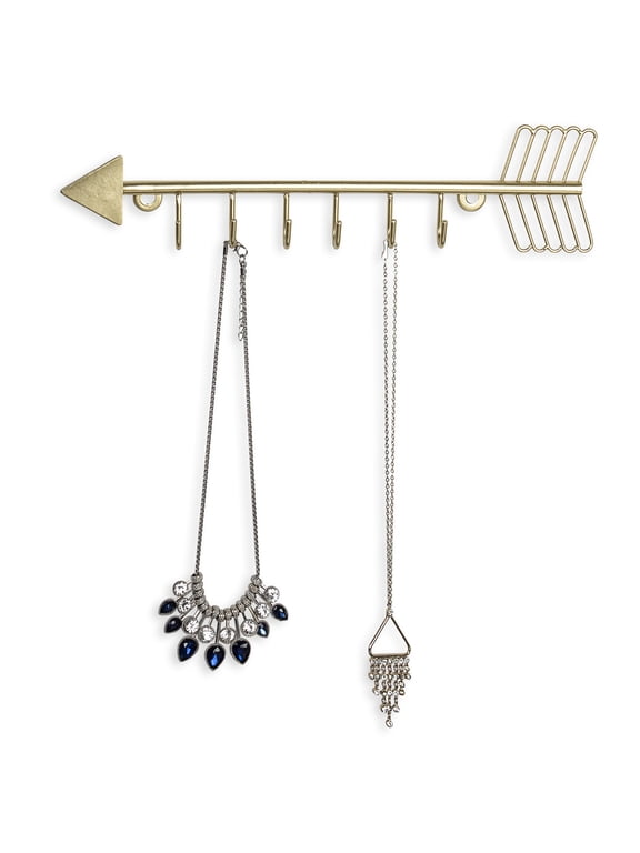 12 Inch Wall Mounted Brass Tone Metal Arrow Shaped Jewelry Organizer, Hanging Accessories Storage Display Rack with 6 Hooks for Necklaces Bracelets Keys