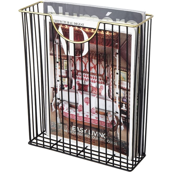 MyGift Art Deco Wall Mounted Magazine Rack Matte Black Metal Wire Organizer with Brass Rim for Mail & Documents
