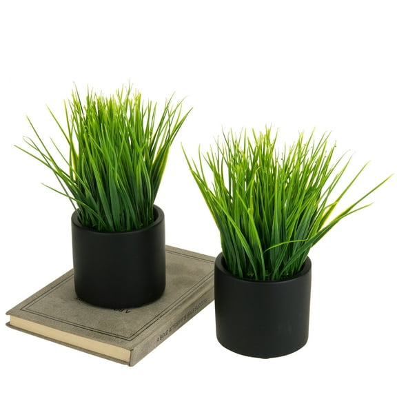 MyGift Artificial Green Grass with Modern Round Black Cement Pots, Set of 2 Fake Greenery