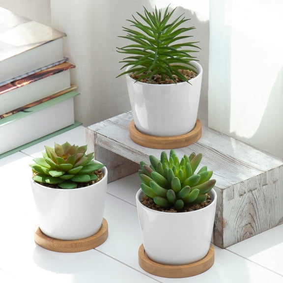 MyGift Artificial Succulent Mini White Pots with Round Bamboo Saucers, Set of 3