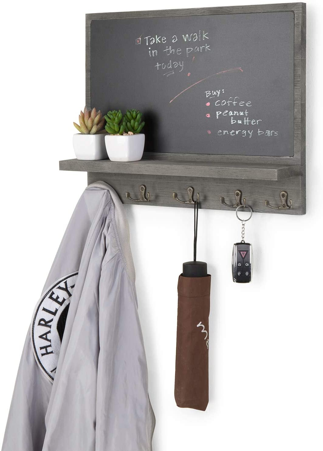 MyGift Barnwood Gray Wood Wall-Mounted Chalkboard with 10 Key Hooks