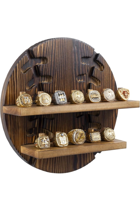 Baseball Ring Display Case Wall Mounted 2 Tier Holder with 12 Pegs Rustic Burnt Wood Sports Memorabilia Organizer for Championship Rings Home Game Room Decor