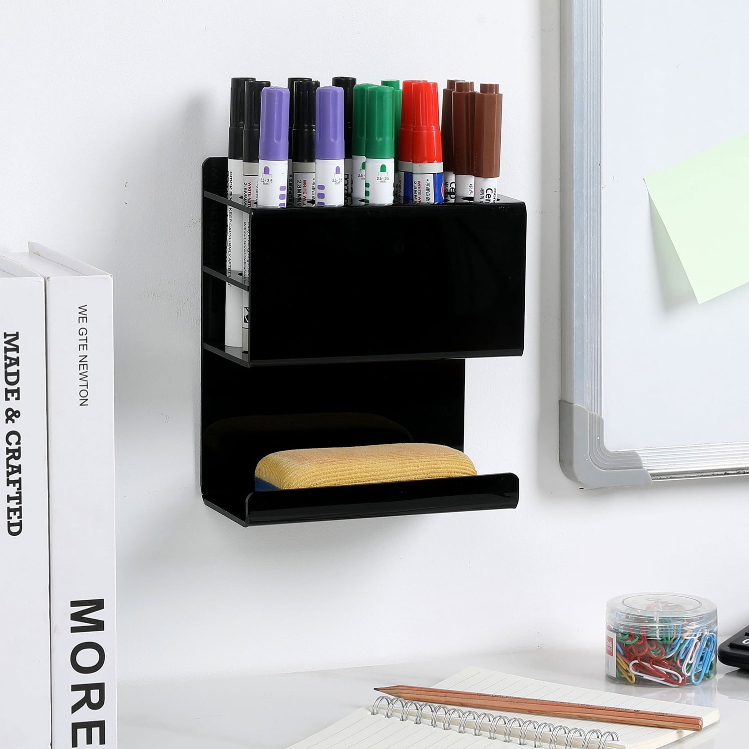 MyGift Black Wall Mounted 15 Slot Whiteboard Marker 2 Tiers Accessories ...