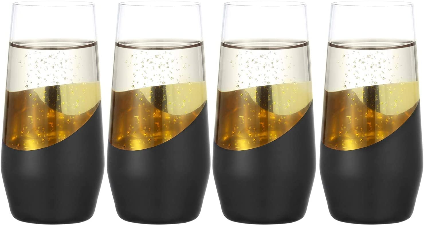 MyGift Black and Gold Plated Stemless Champagne Flute, Modern Party Drinking Glasses, 11 oz, Set of 4