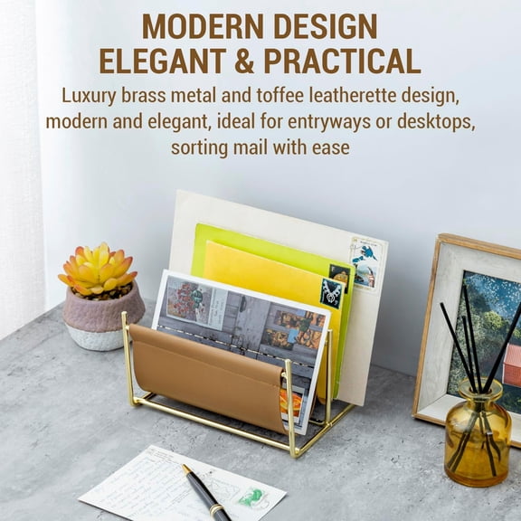 MyGift Brass & Toffee Leatherette Mail Sorter 2-Slot Modern Letter Organizer for Entryway or Desk