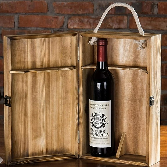 MyGift Brown Torched Wood Double Bottle Wine Case with Top Handle