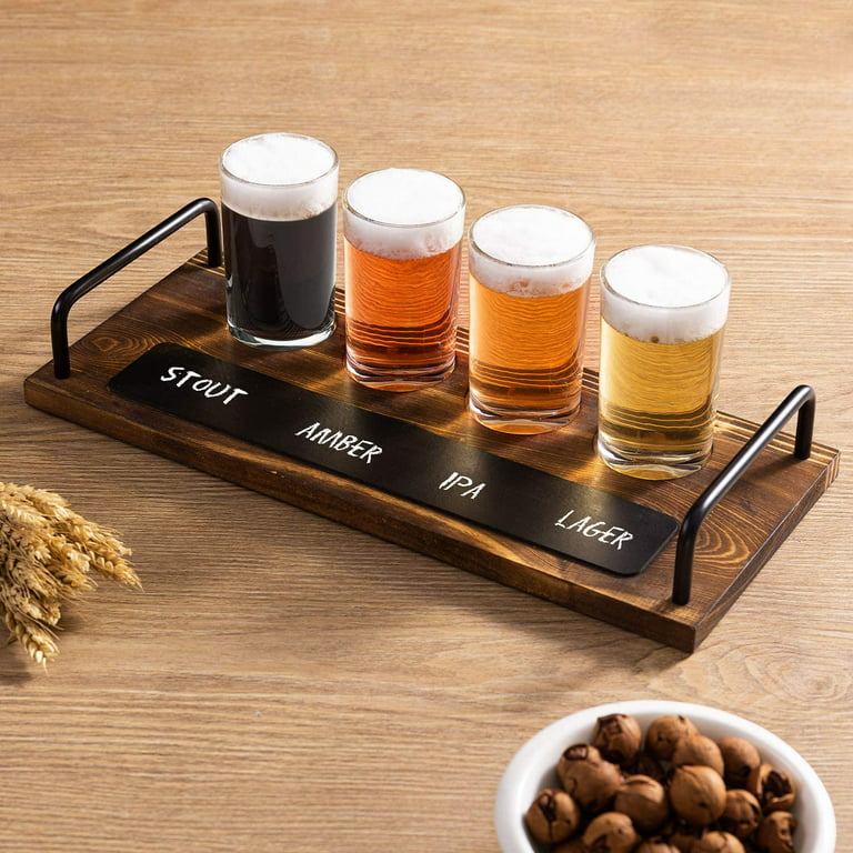 MyGift Burnt Brown Wood Beer Flight Tasting Sampler Server Set with 4 Beer  Glasses, Chalkboard Label & Black Metal Handle