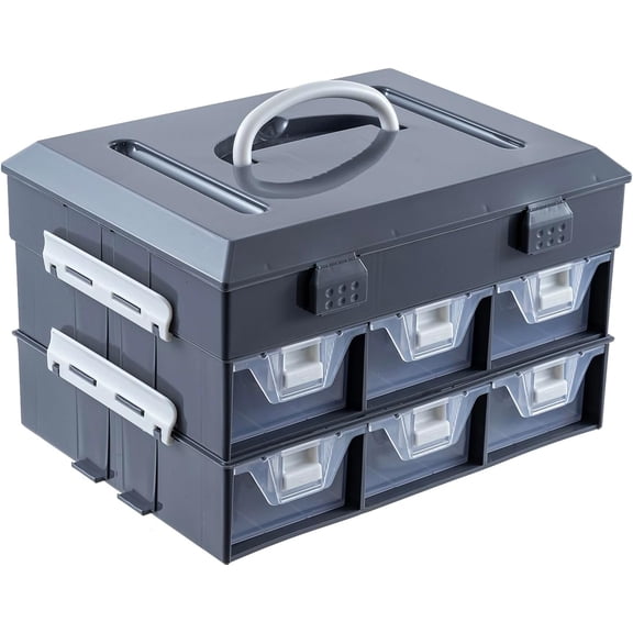 MyGift Classic Gray Tool & Hardware Organizer Case  24Compartment & 6Drawer Stackable Storage Box with Removable Dividers & Handle