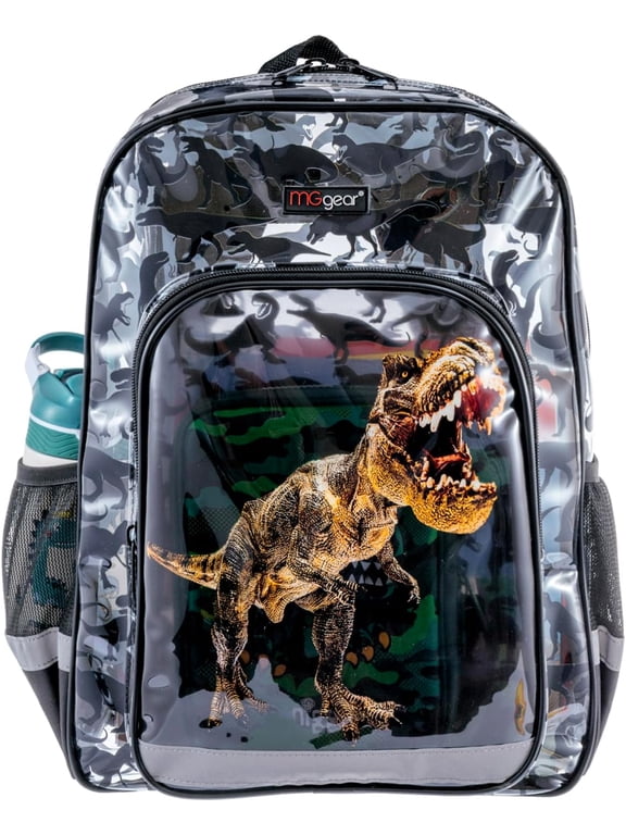 MyGift Clear 16 Inch T-Rex Dinosaur Backpack with Black Trim, Adjustable Padded Straps and Reflective Details for School and Travel