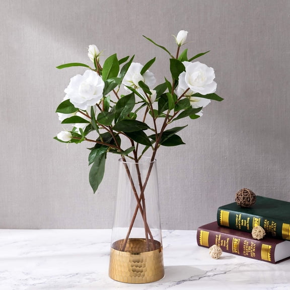 MyGift Clear Glass Cylinder Flower Vase with Gold-Tone Metal Hammered Base, for Home, Wedding and Office