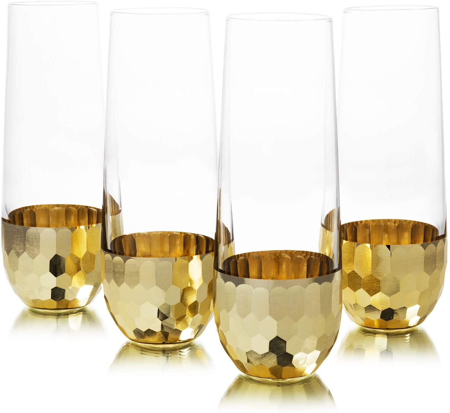 MyGift Clear Stemless Champagne Flute Glasses with Hammered Brass Plated Bottoms, Set of 4
