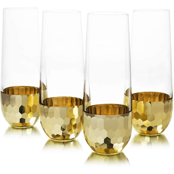 MyGift Clear Stemless Champagne Flute Glasses with Hammered Brass Plated Bottoms, Set of 4