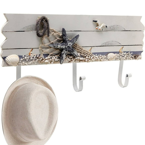 MyGift Coastal White Sandy Beach Style Wall-Mounted Wooden Coat Rack, Decorative Nautical Beach Starfish and Seashell Theme Wood Panel with White Metal Jacket Hanging Hooks