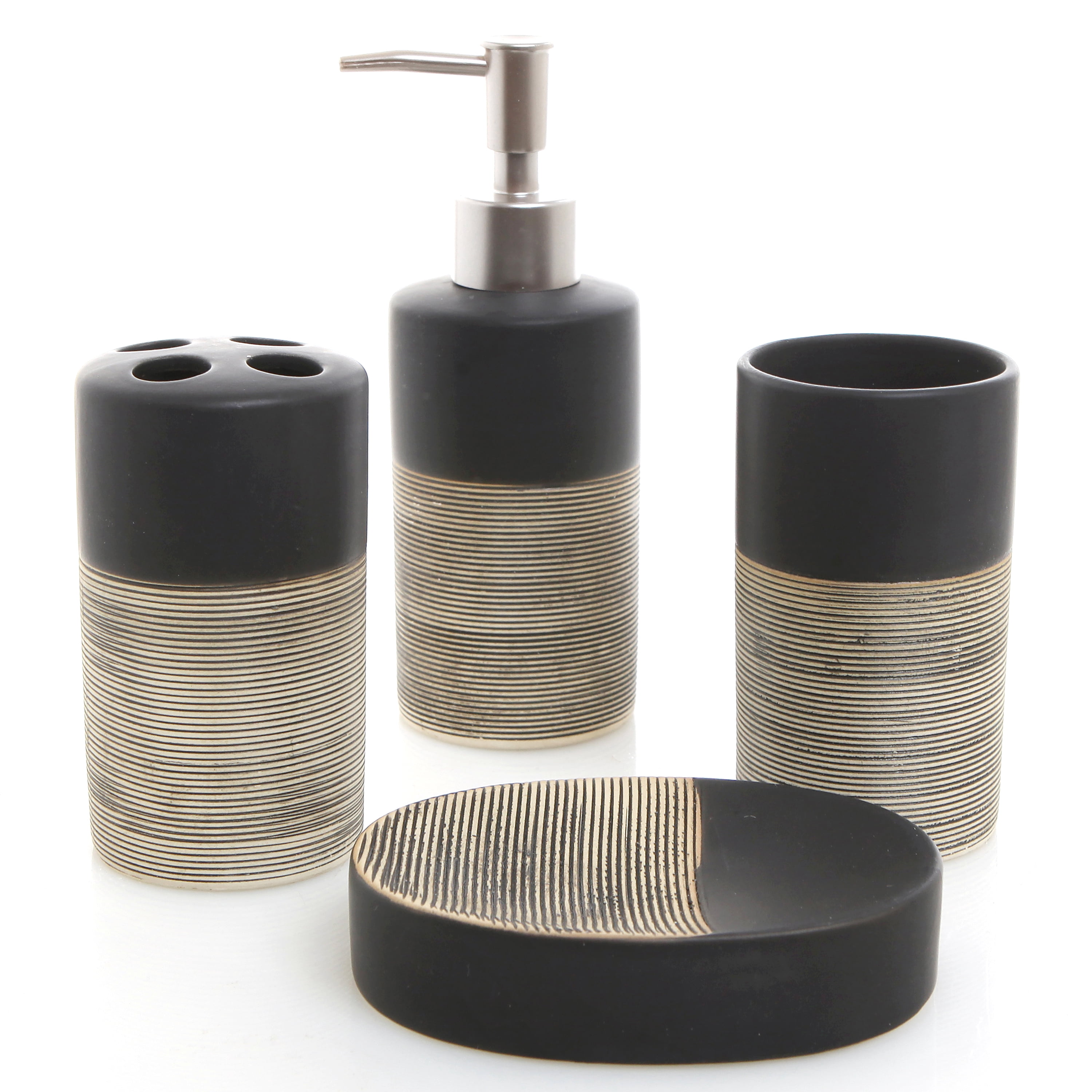 MyGift Contemporary 4 Piece Ceramic Bath Accessories Sets, Black