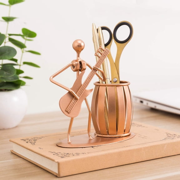 MyGift Copper Toned Metal Decorative Pencil Holder with Guitar Rocker Design