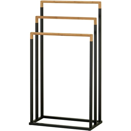 MyGift Freestanding 3-Tier Black Metal and Bamboo Bath Towel Bar Rack