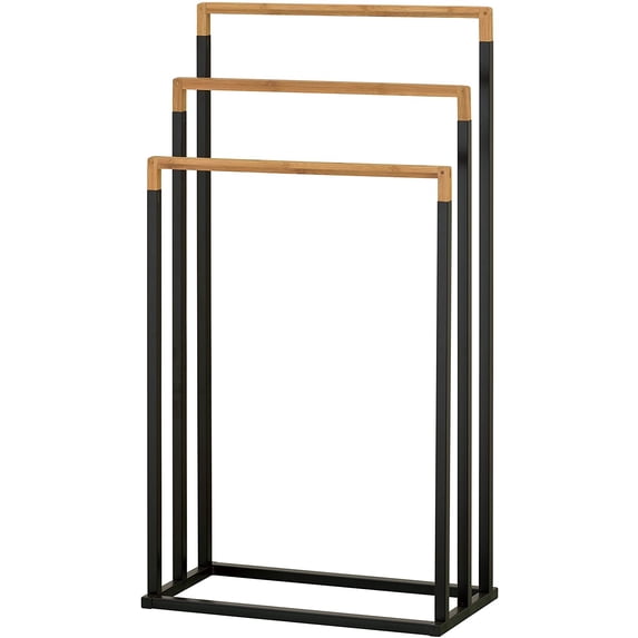 MyGift Freestanding 3-Tier Black Metal and Bamboo Bath Towel Bar Rack
