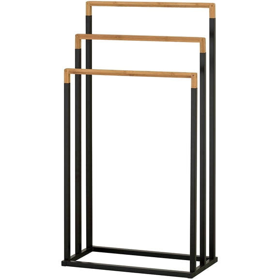 MyGift Freestanding 3-Tier Black Metal and Bamboo Bath Towel Bar Rack