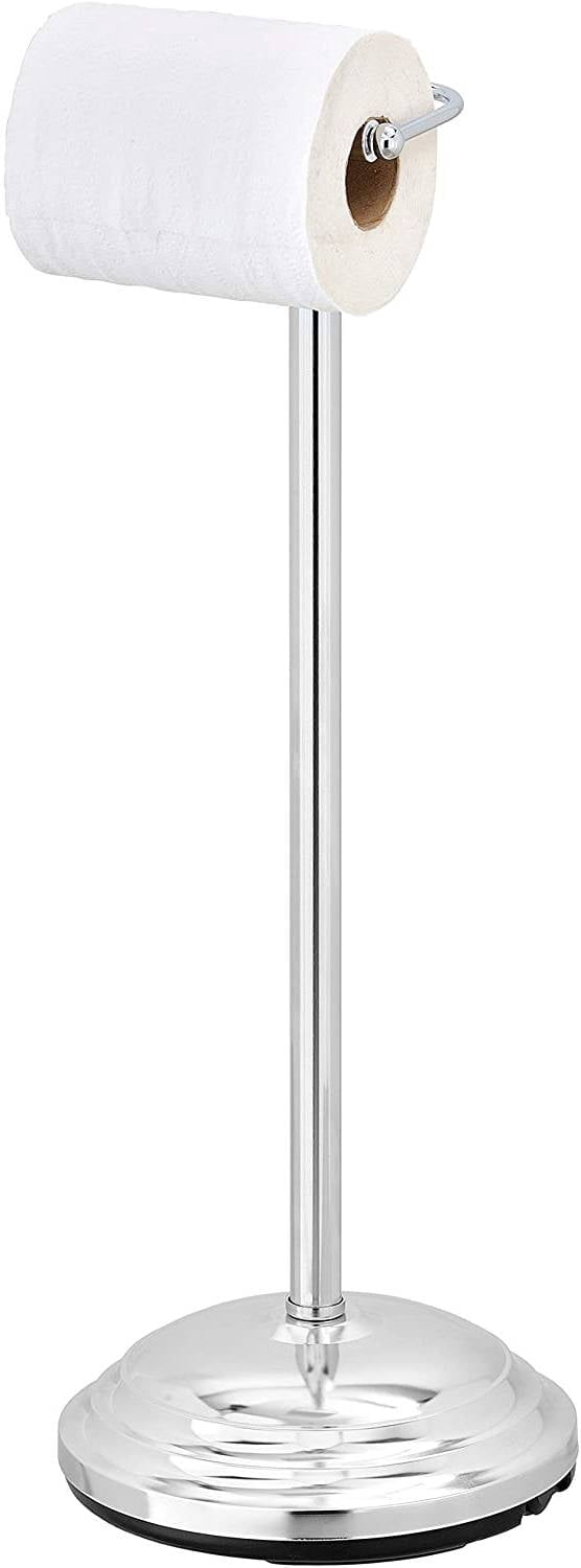 MyGift Silver Free Standing Toilet Paper Holder, Chrome-Plated Metal Heavy Weighted Tissue Stand, Classic Bathroom Single Roll Dispenser Stand with Round BaseMyGift Silver Free Standing Toilet Paper