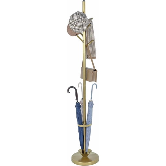 MyGift Freestanding Coat Rack with Umbrella Holder Brass Tone Metal Entryway Organizer Stand with 6 Hooks for Jackets Hats Bags Modern Hallway Storage Solution