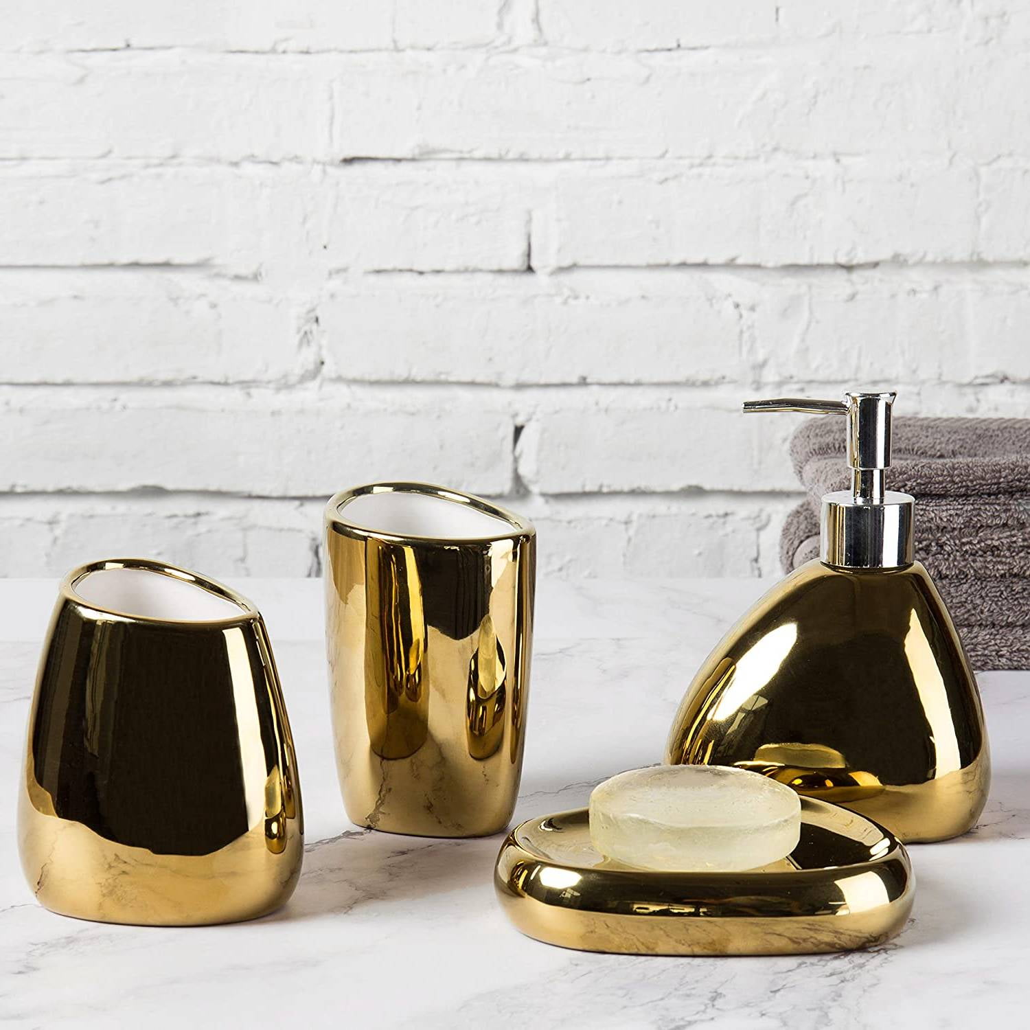 Gold Ceramic 4-Piece Modern Bathroom Accessory Set