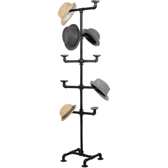 Hat Rack Stand,Standing Hat Organizer Tree, Baseball Caps Cowboy Hat Display, Industrial Black Metal Pipe Rack with 10 Round Rustic Burnt Wood Hanger Hooks