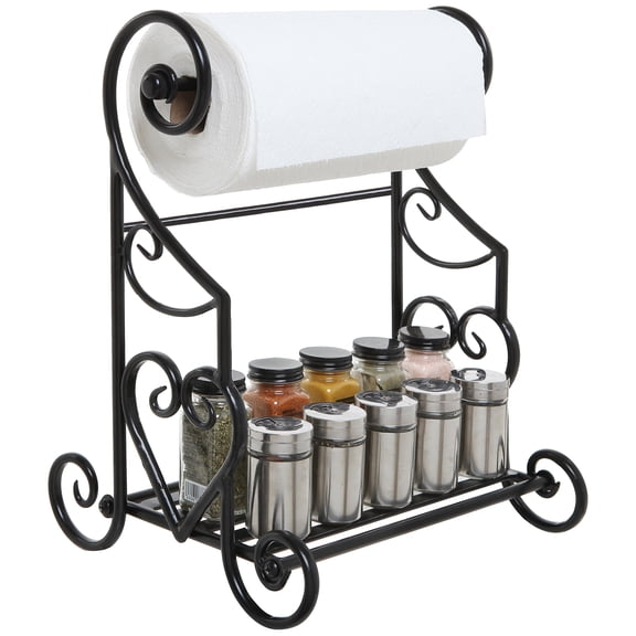MyGift Gothic Paper Towel Holder Heart Scroll Metal Paper Towel Holder Stand with Slatted Condiment Shelf Rack, Black Decorative Kitchen Decor Accessories