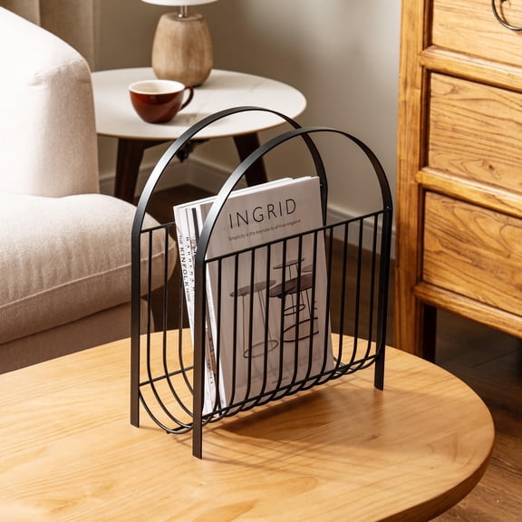MyGift Matte Black Metal Magazine Rack MidCentury HandbagStyle Sling Basket for Tabletop or Floor Storage, Modern Decor