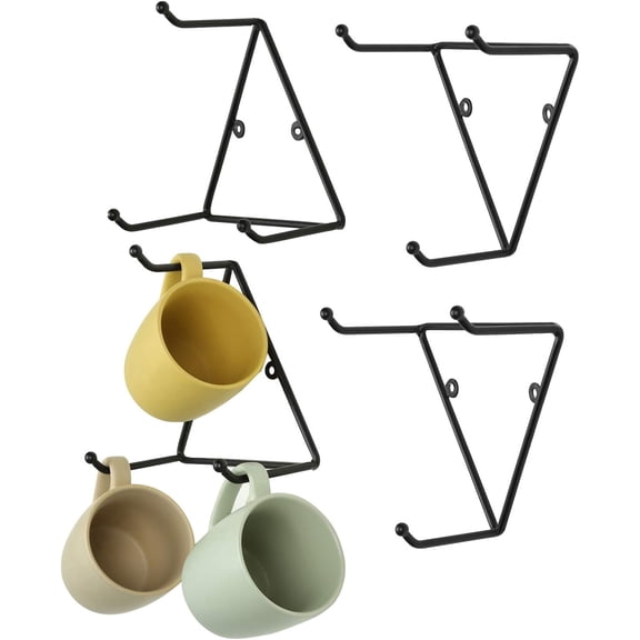 MyGift Matte Black Metal Triangular WallMount Mug Holders, Set of 4  Modern Geometric Rack with 3 Hooks for Coffee Bar & Kitchen