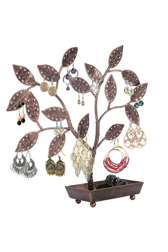 Metal Tree & Leaf Jewelry Stand Display Rack with Ring Tray, Bronze Earring Necklace Hanger