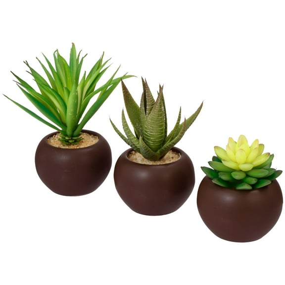 MyGift Mini Brown Planter Pots with Artificial Succulent Plants, Set of 3