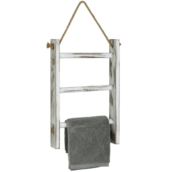 MyGift Mini Wood Wall Hanging Towel Rack, Whitewashed