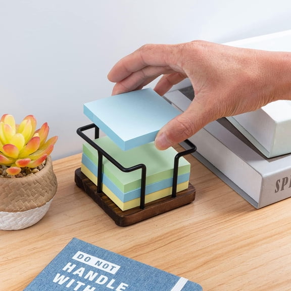 MyGift Minimalist Industrial Sticky Note Holder, Black Wire Memo Pad Dispenser with Burnt Wood Base for Home and Office Desks