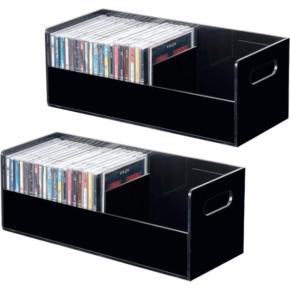 MyGift Modern Black Acrylic Stackable CD Holder Racks, Set of 2  Premium Media Storage Crates with Carry Handles for Home & Office