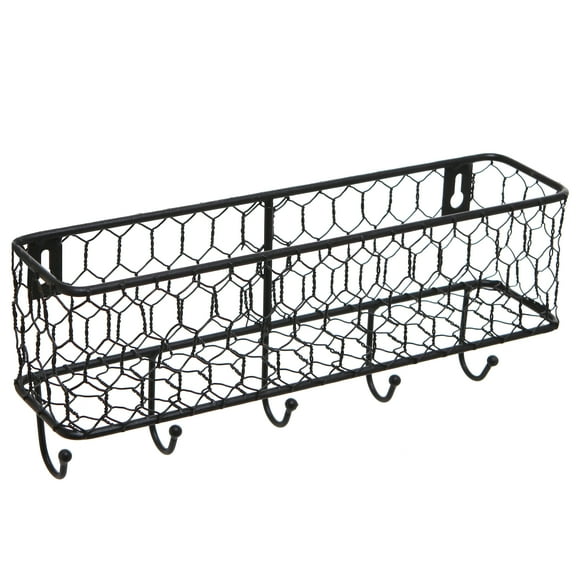 MyGift Modern Black Metal Wall Mounted Wire Mesh Basket with Key Hooks