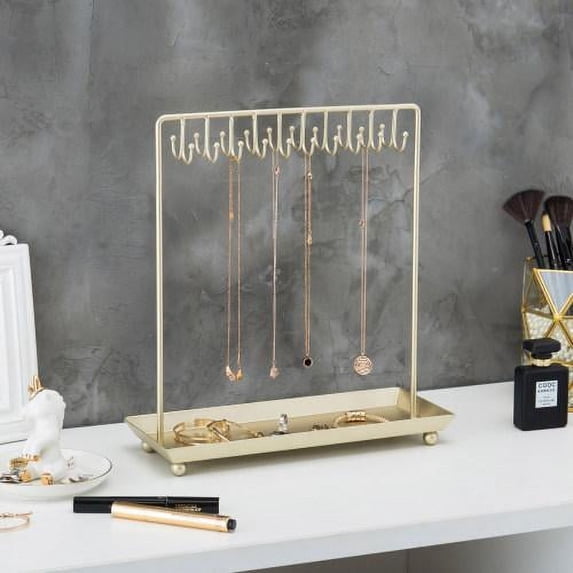 MyGift Modern Brass-Tone Metal Necklace Jewelry Organizer with 20 Hooks