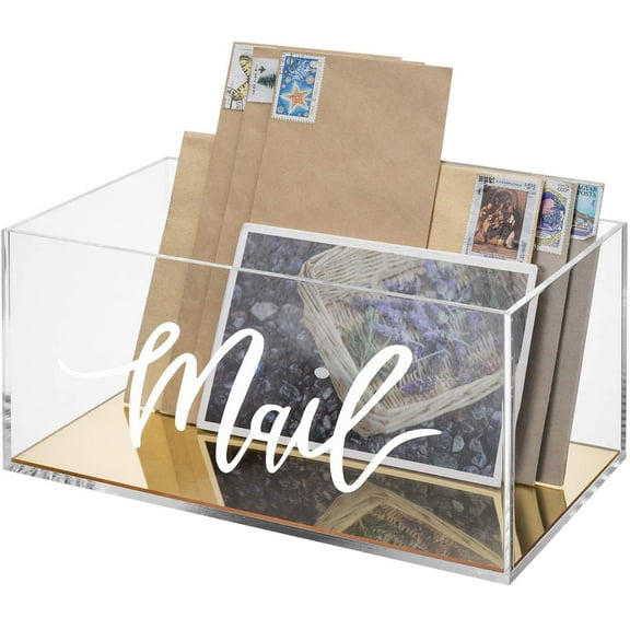 MyGift Modern Clear Acrylic Mail Storage Box with Brass Mirror Bottom