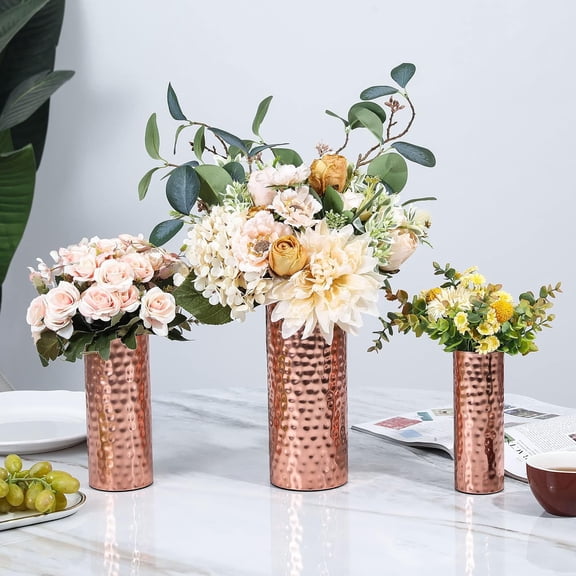 MyGift Modern Hammered Copper Tone Metal Vases, Set of 3, Tall Cylinder Centerpieces for Dried Flowers and Faux Greenery