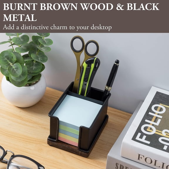 MyGift Modern Industrial Black Metal Sticky Note Holder with 2 Pen Compartments and Rustic Burnt Wood Base for Office Desks