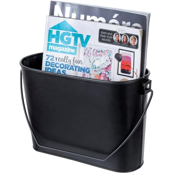 MyGift Modern Industrial Matte Black Metal Wall Mountable Bathroom Magazine Holder, Hanging or Tabletop Bucket Style Storage Bin - Handcrafted in India